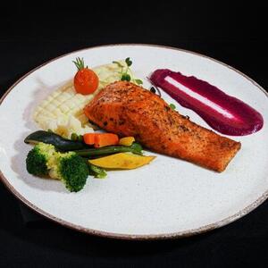 Drivu Grilled Salmon with Mash Potato and Steam Vegetables