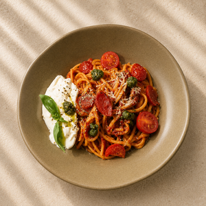 Arrabbiata Pasta with Burrata - ZOI Cafe AlJimi al-ain
