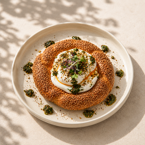Turkish Simit with Poached Eggs - ZOI Cafe AlQattara al-ain