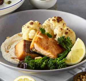 Drivu Grilled Salmon Tahini with Cauliflower & Broccolini
