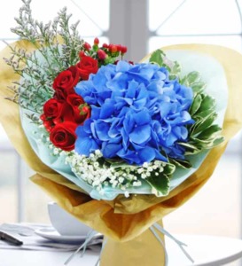 Drivu Red roses with blue hydrangea bouquet