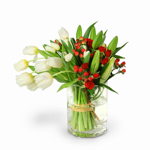 Drivu White Tulip & White Lily in Luxury Glass Vase (V11)