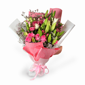 Drivu Luxury White Lily & Lisianthus - White & Pink Bouquet (HB8)