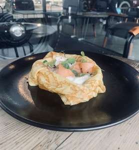 Drivu Crepe Salmon with Poach Egg